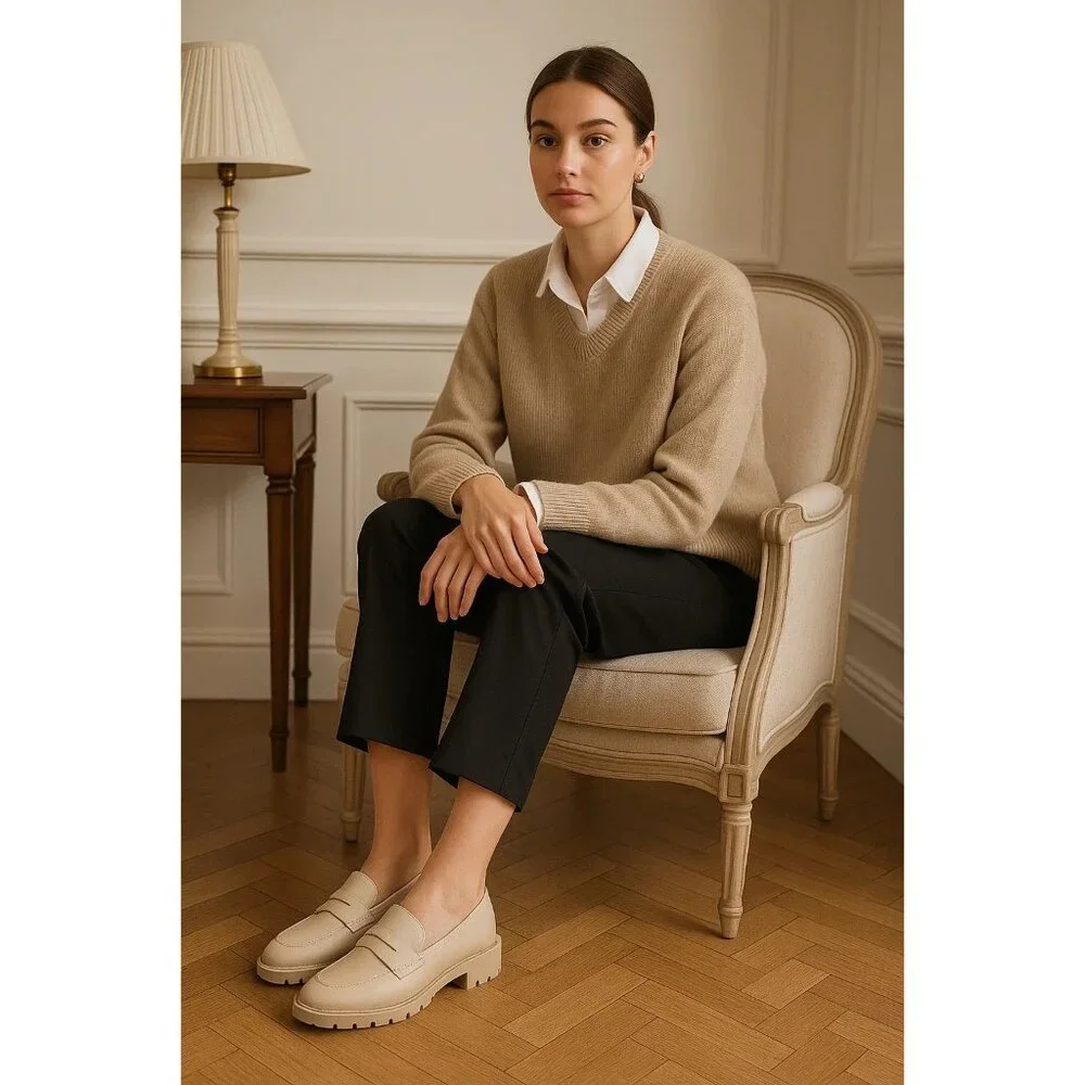DV Dolce Vita 7 Lug Loafer Crisp Chunky Heel Slip On Shoes Vegan Suede Beige